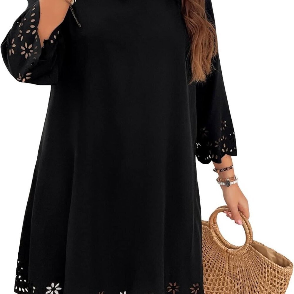 Women's Plus Size Summer Tunic Dress Polyester Cut Out Scallop Trim Casual